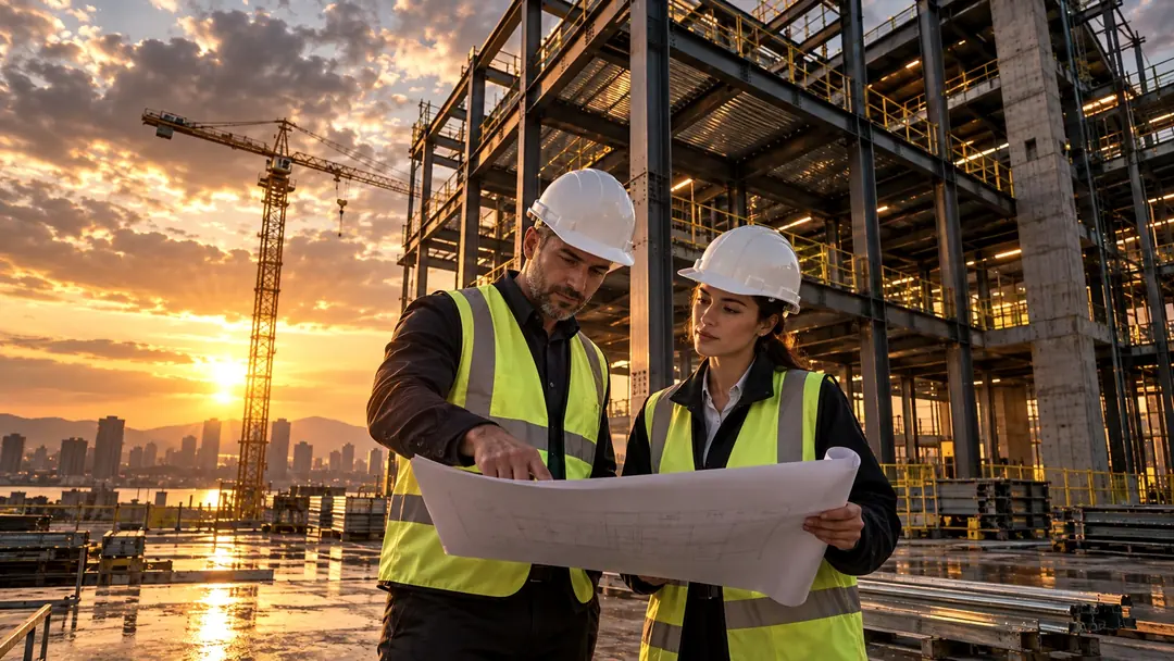 Profesionales revisando planos frente a una estructura en construcción; imagen ilustrativa