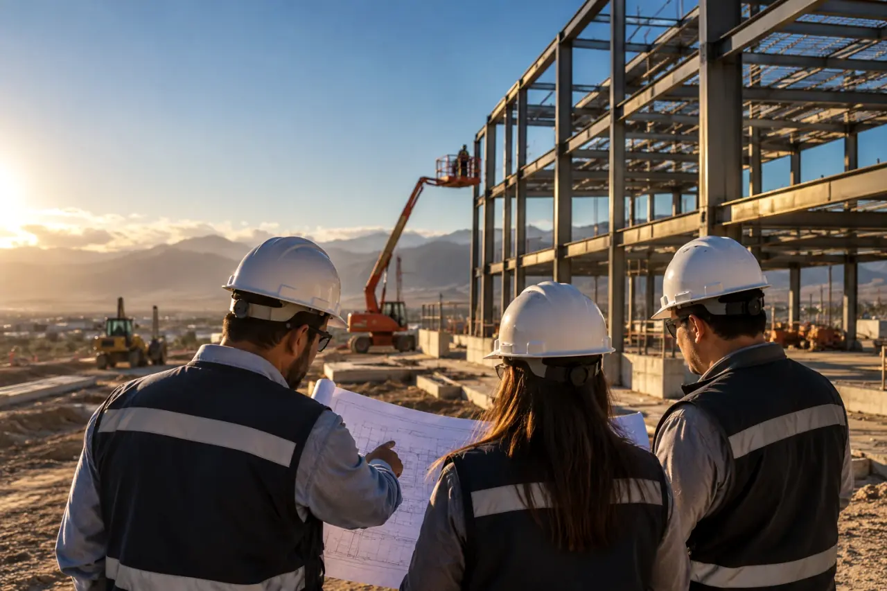 Equipo revisando planos en terreno frente a una estructura metálica; imagen ilustrativa